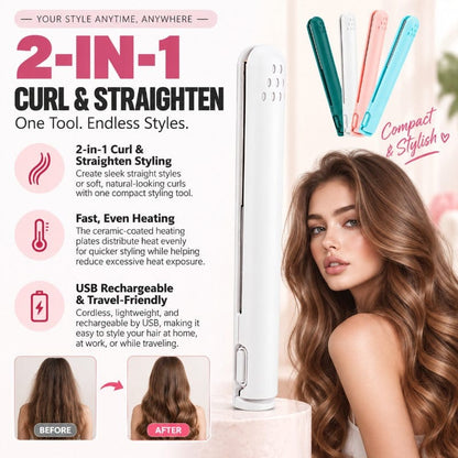 Bellevery 2-in-1 Mini Curling Iron ,USB Mini Hair Curling Iron (Straightener and Curler)