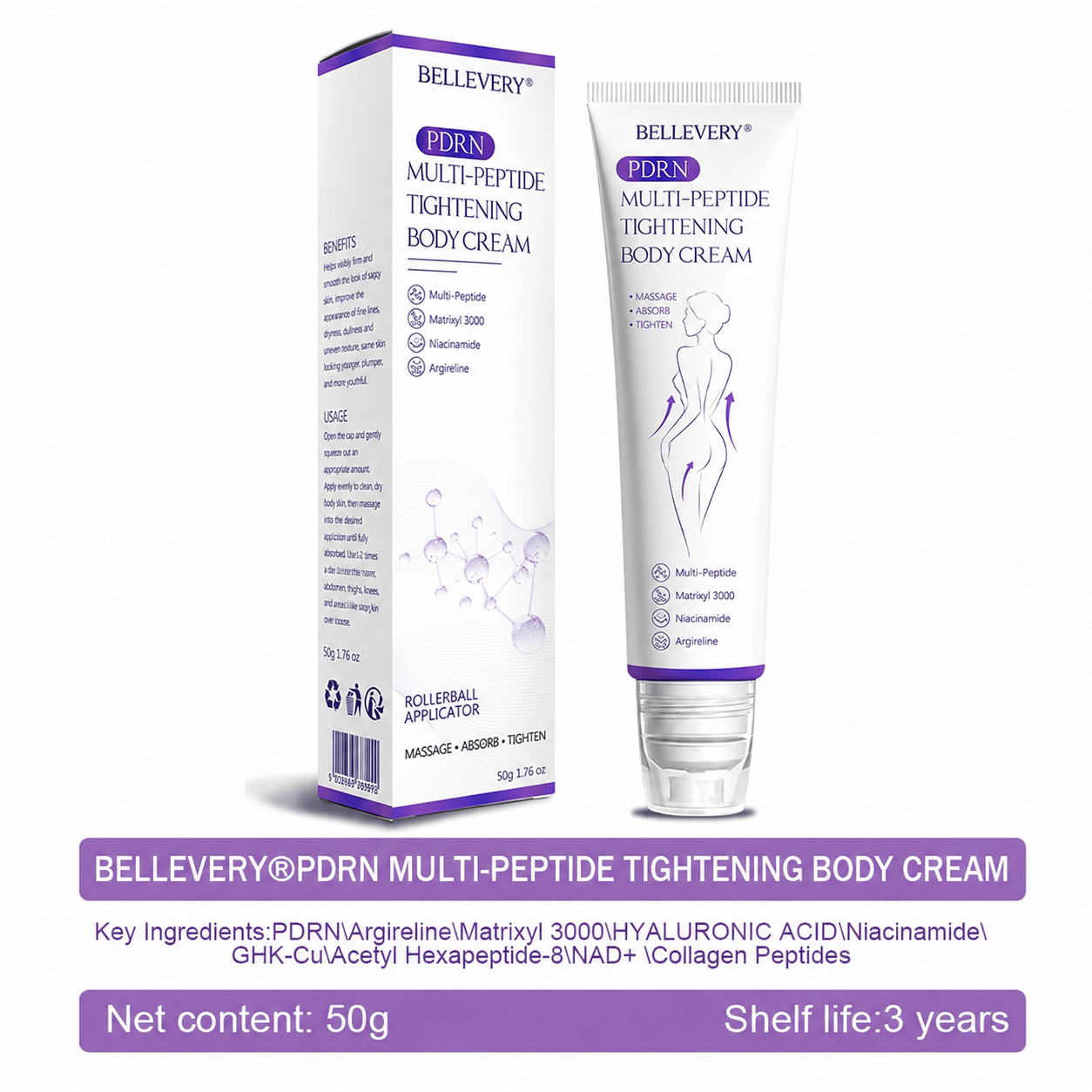 Bellevery® PDRN Multi-Peptide Massaging Body Roller Cream- Anti-aging, Hydrating, Skin Firming & Lifting, Skin Repair, Even Tone, Acne and Dark Spot Treatment, Wart and Mole Removal, and Psoriasis Relief.