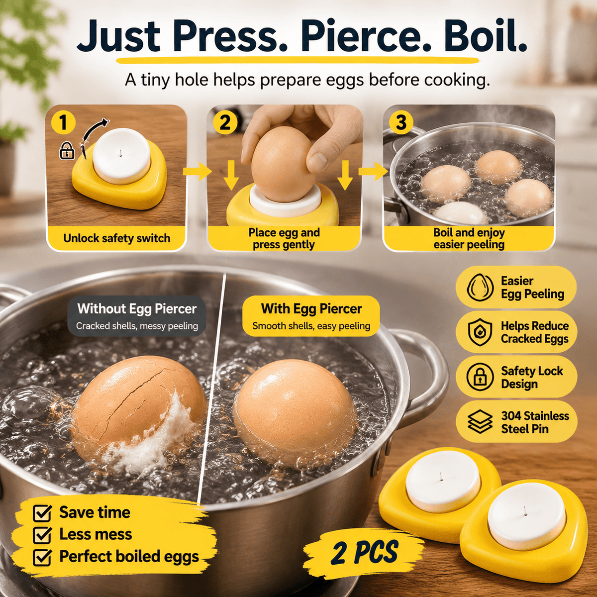 🥚  Egg Piercer for Perfect Boiled Eggs – Easy Peel Egg Tool with Safety Lock & 304 Stainless Steel Pin