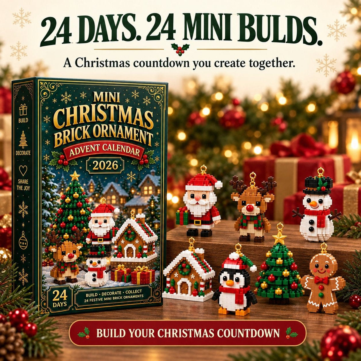 🎄24-day mini Christmas calendar with building blocks | 24 unique Christmas motifs that can be assembled, with hanging loops for Christmas trees, garlands and festive decorations 🧱