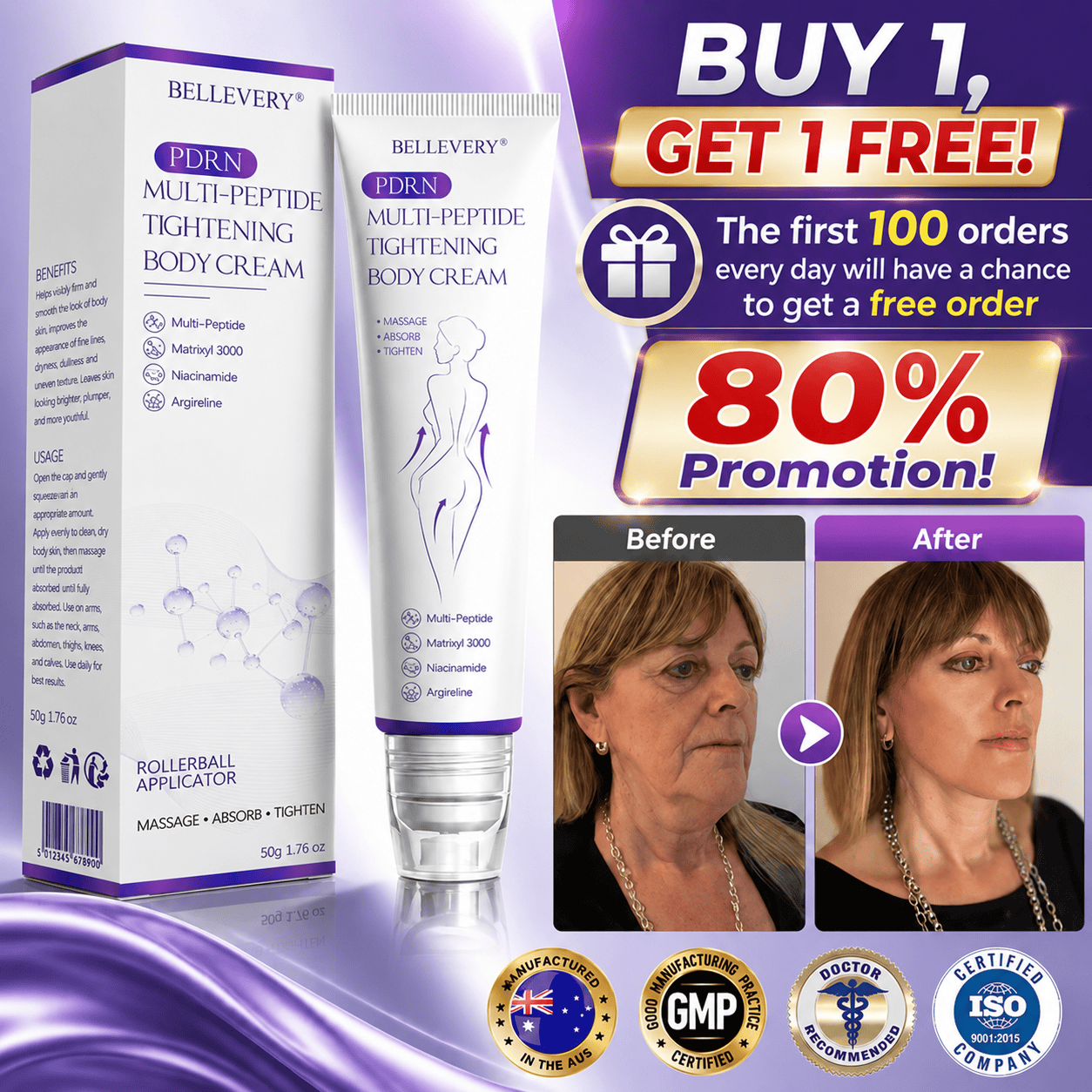 Bellevery® PDRN Multi-Peptide Massaging Body Roller Cream- Anti-aging, Hydrating, Skin Firming & Lifting, Skin Repair, Even Tone, Acne and Dark Spot Treatment, Wart and Mole Removal, and Psoriasis Relief.