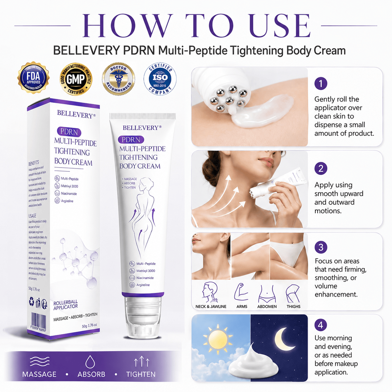 Bellevery® PDRN Multi-Peptide Massaging Body Roller Cream- Anti-aging, Hydrating, Skin Firming & Lifting, Skin Repair, Even Tone, Acne and Dark Spot Treatment, Wart and Mole Removal, and Psoriasis Relief.