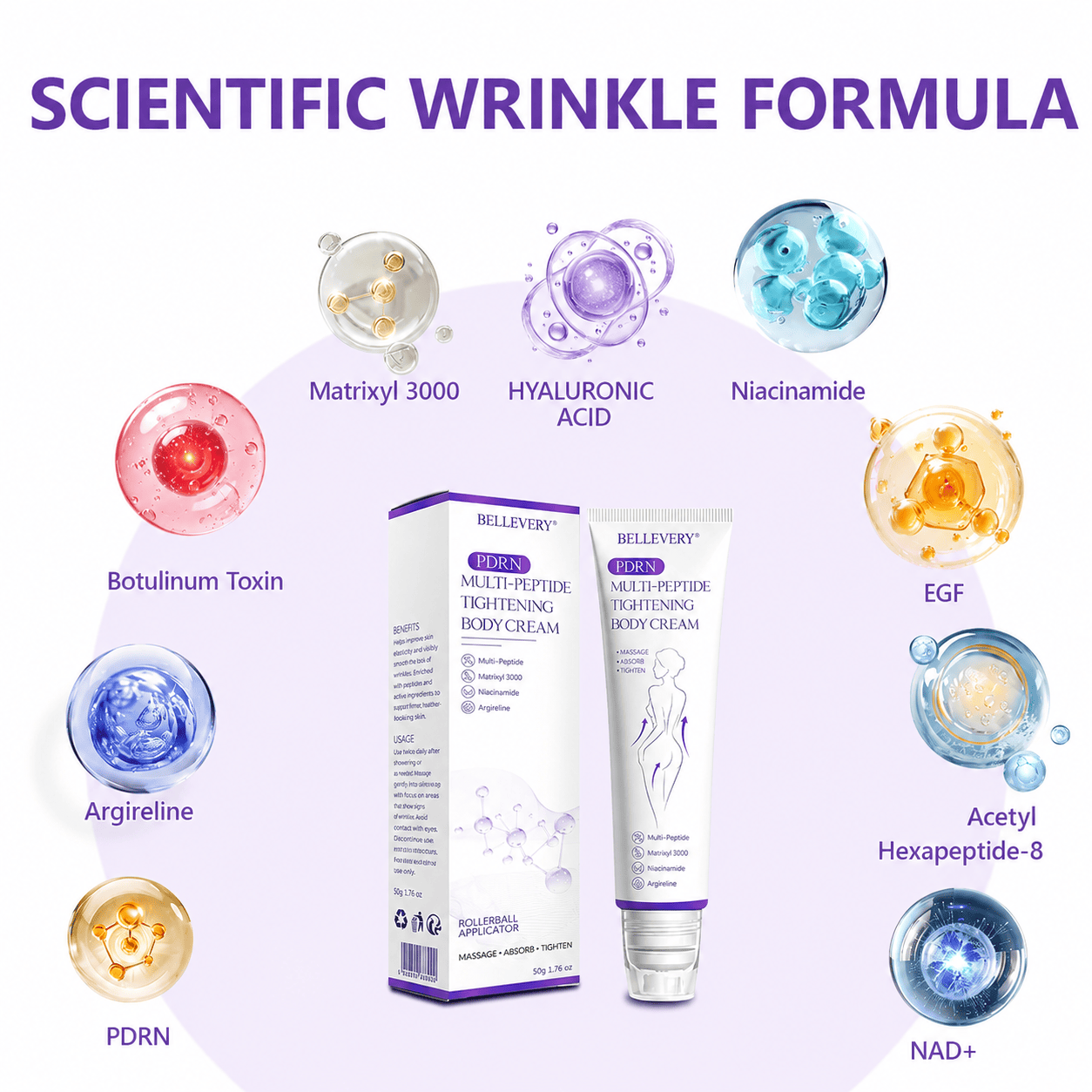 Bellevery® PDRN Multi-Peptide Massaging Body Roller Cream- Anti-aging, Hydrating, Skin Firming & Lifting, Skin Repair, Even Tone, Acne and Dark Spot Treatment, Wart and Mole Removal, and Psoriasis Relief.